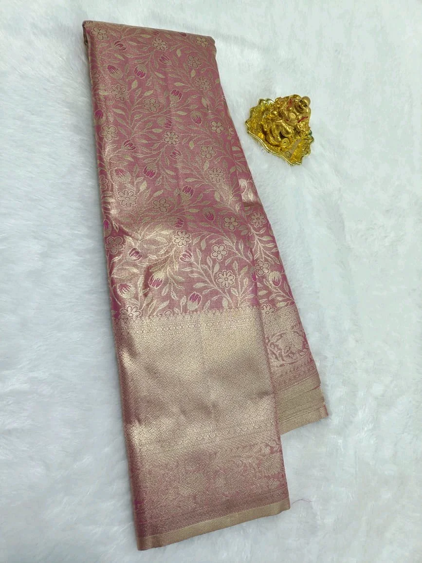 Light Green Dharmavaram Pattu Saree with Gold Zari Buttas and Border 8