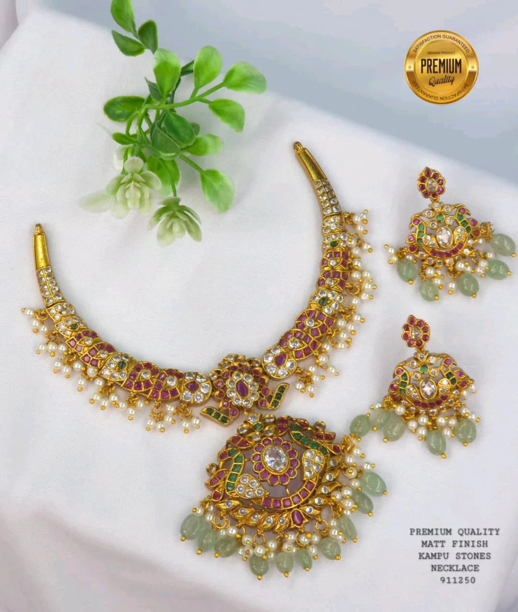 Premium Quality Matt Finish Kampu Stones Necklace Set