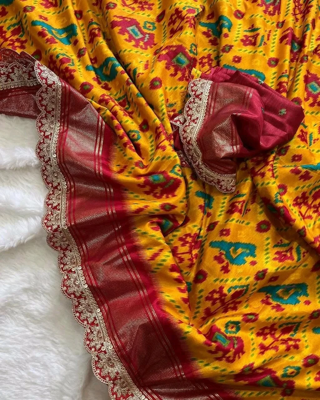 Red Ikat Saree with Blue Striped Pallu 5