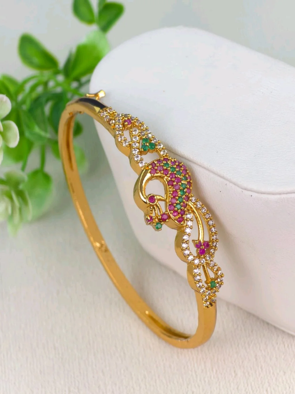 Gold Plated Peacock Design Bangle with Multi-Color Stones 5