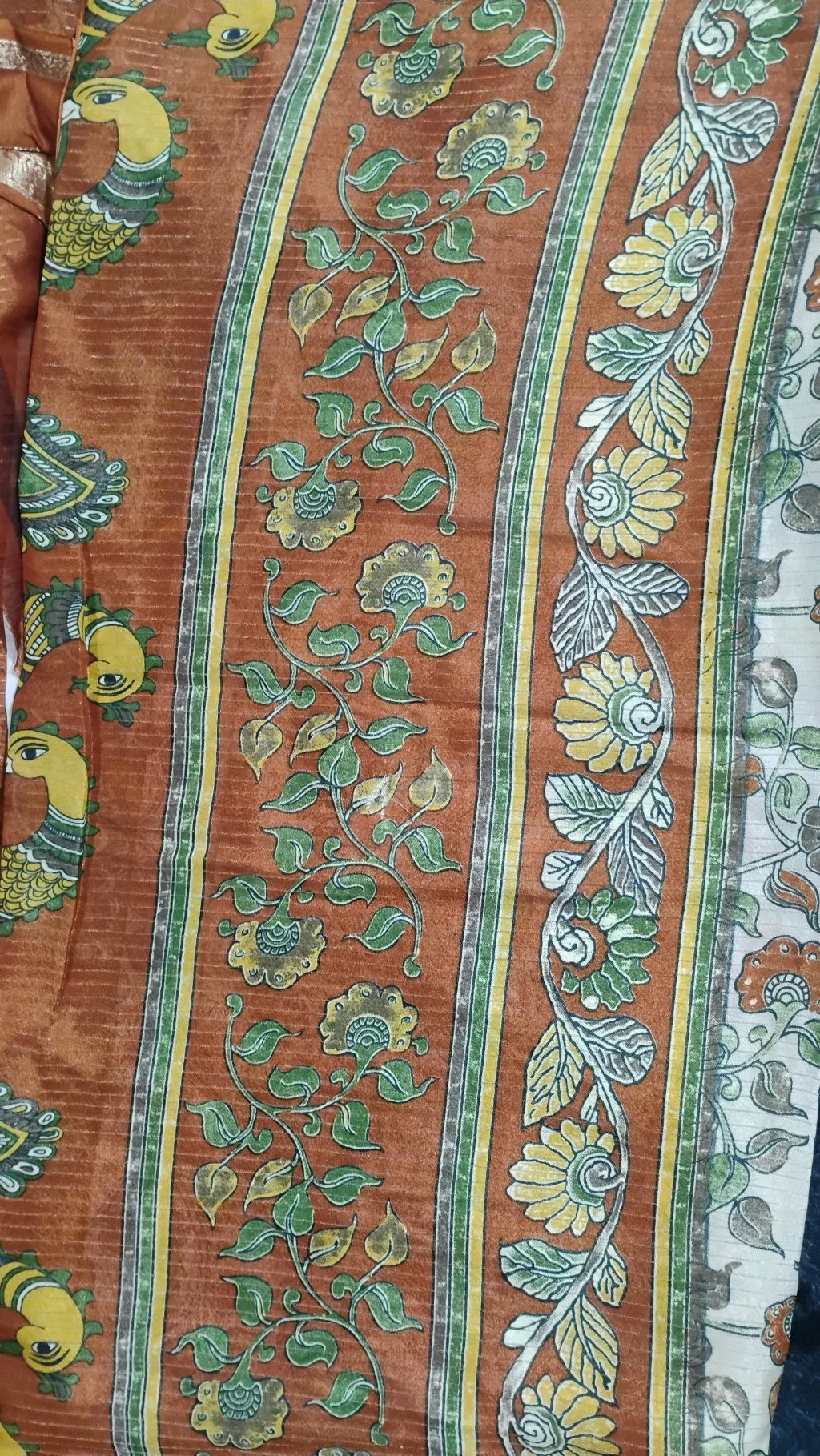 Cream Floral Print Silk Blend Saree with Orange Zari Border thumbnail 4