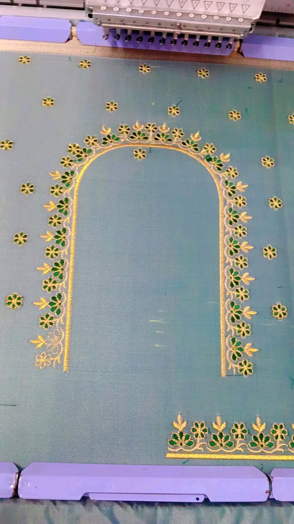Light Blue Fabric with Gold and Green Computer Embroidered Neck Design