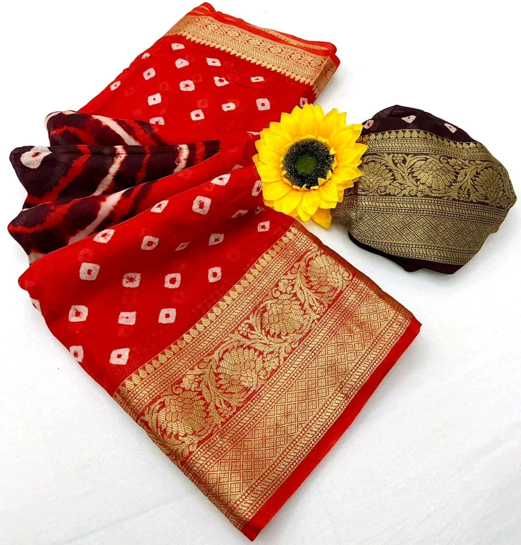 Kanjivaram  Bandhani Saree with Gold Zari Border 3