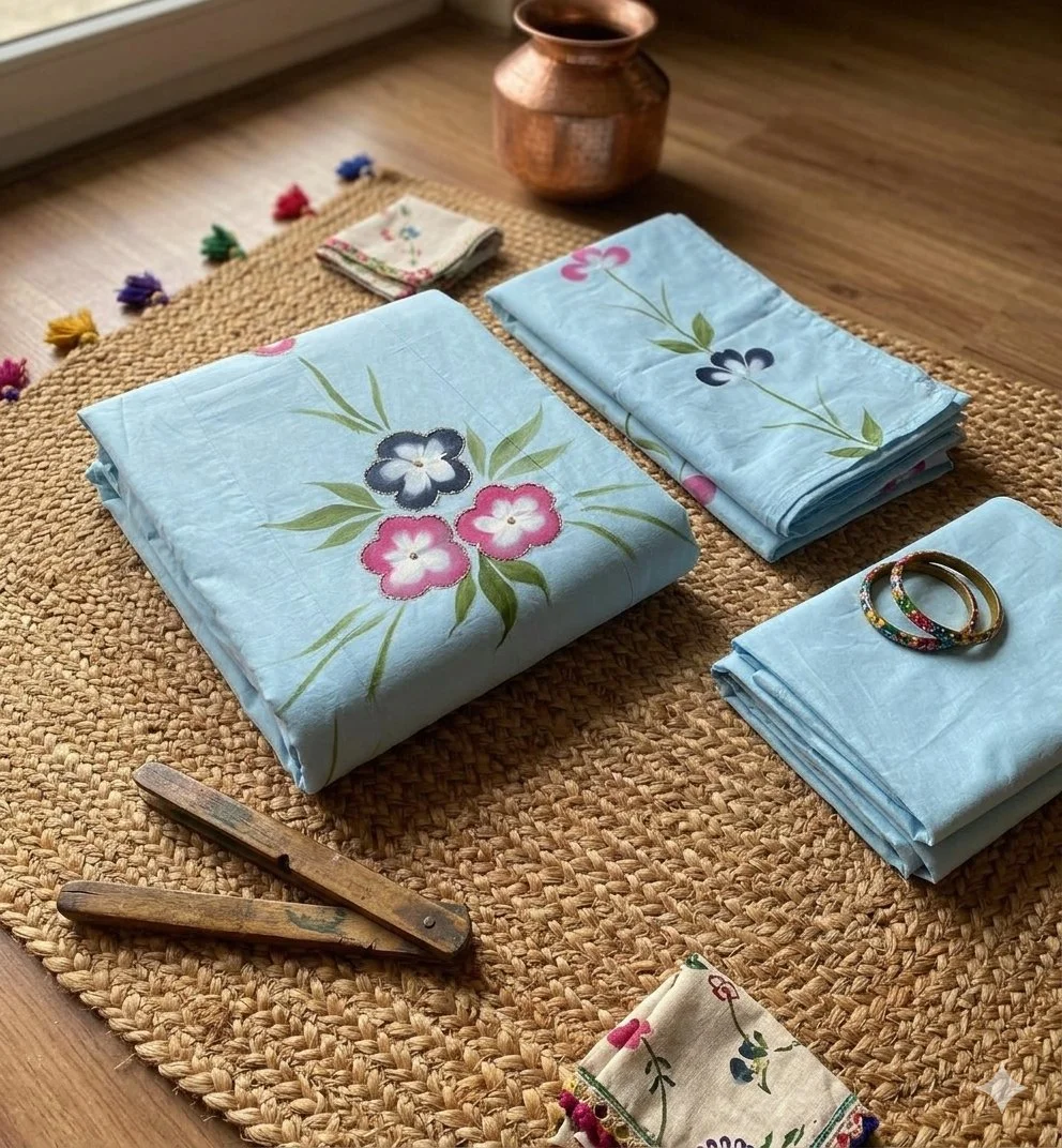 Sky Blue Roman SilkHandpainted Floral Anarkali Kurta Set with Dupatta 3