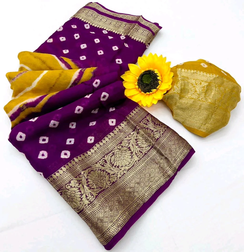 Kanjivaram  Bandhani Saree with Gold Zari Border 1