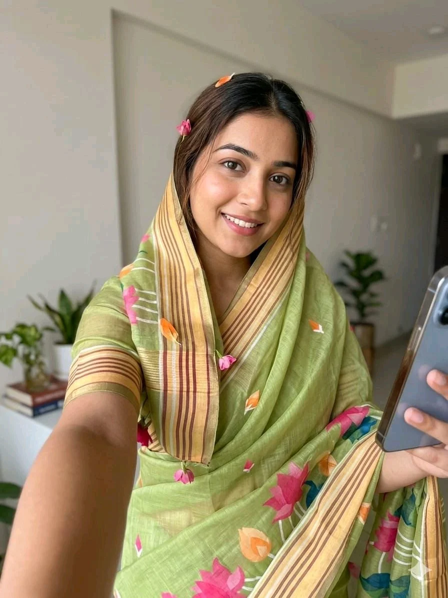 Green Floral Lenin Cotton Saree with Pink Blouse Piece thumbnail 6