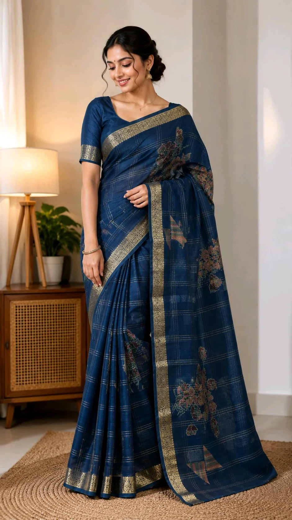 Blue Silk Blend Saree with Gold Checkered Pattern and Floral Print thumbnail 1