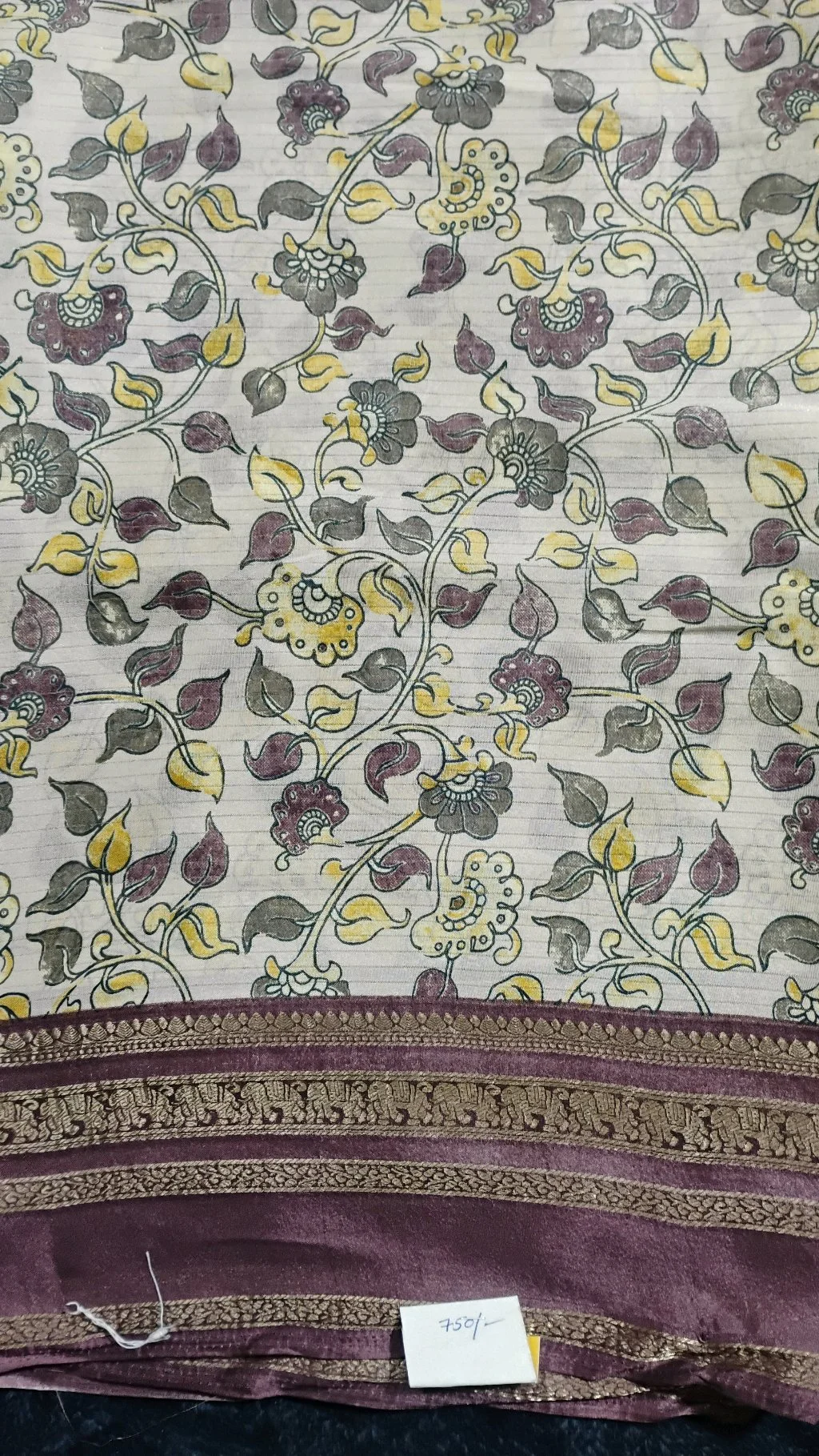 Cream Floral Print Silk Blend Saree with Purple Zari Border thumbnail 3
