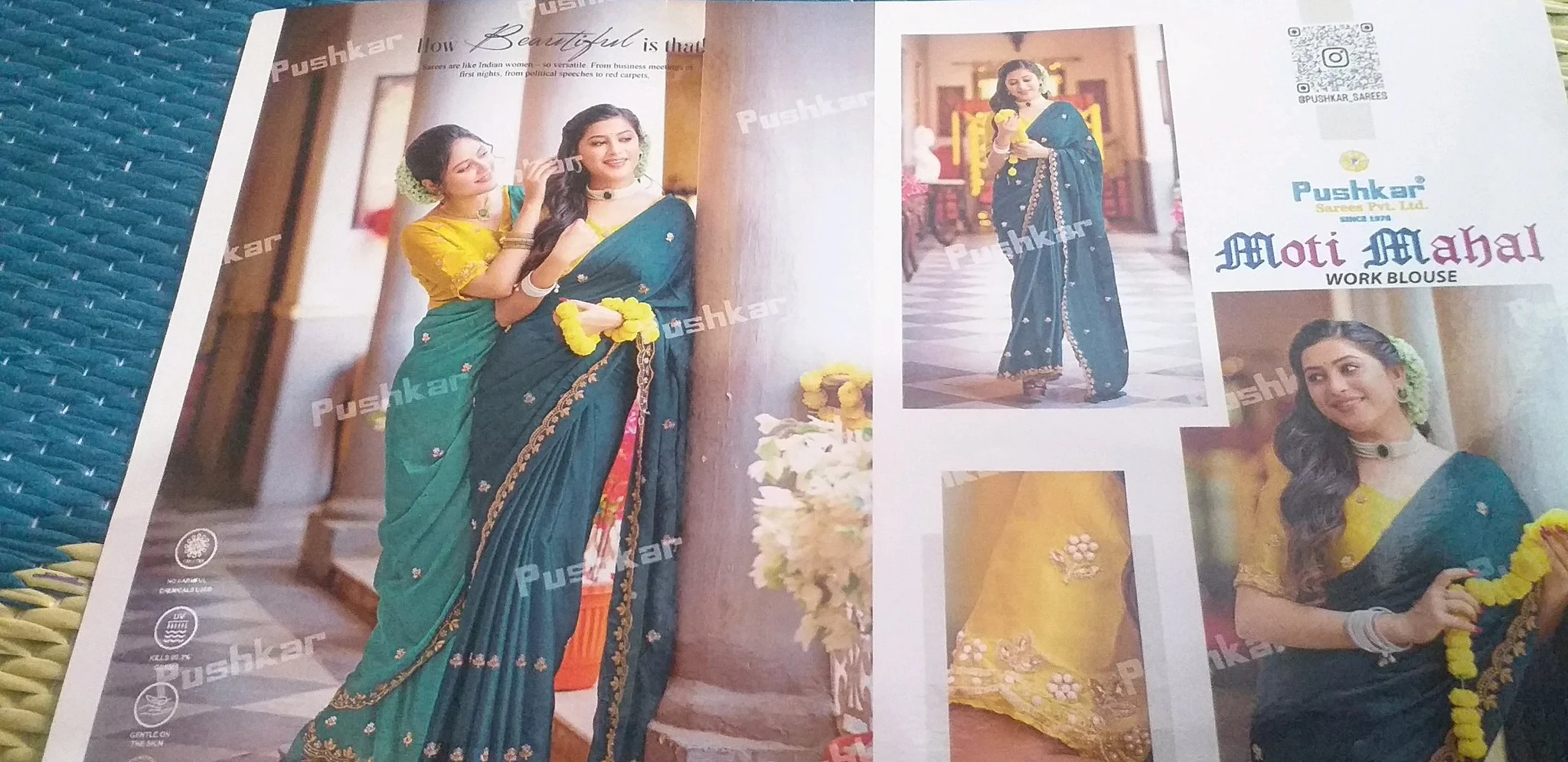 Dark Blue Saree with Yellow Blouse and Pearl Zari Work 2