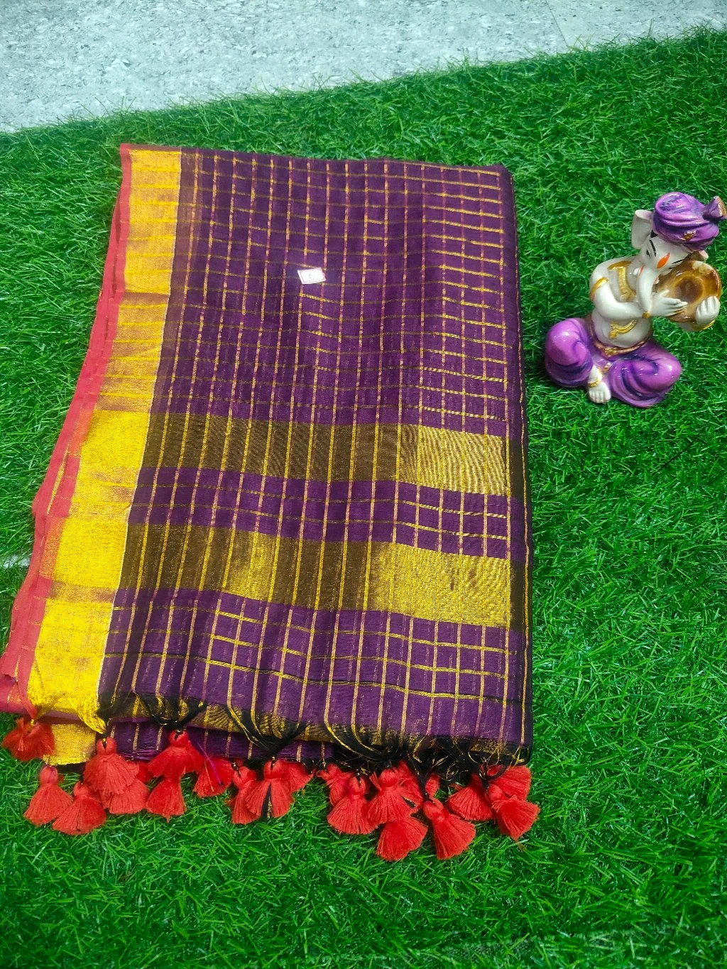 Maroon Gold Checked Saree with Tassels 2