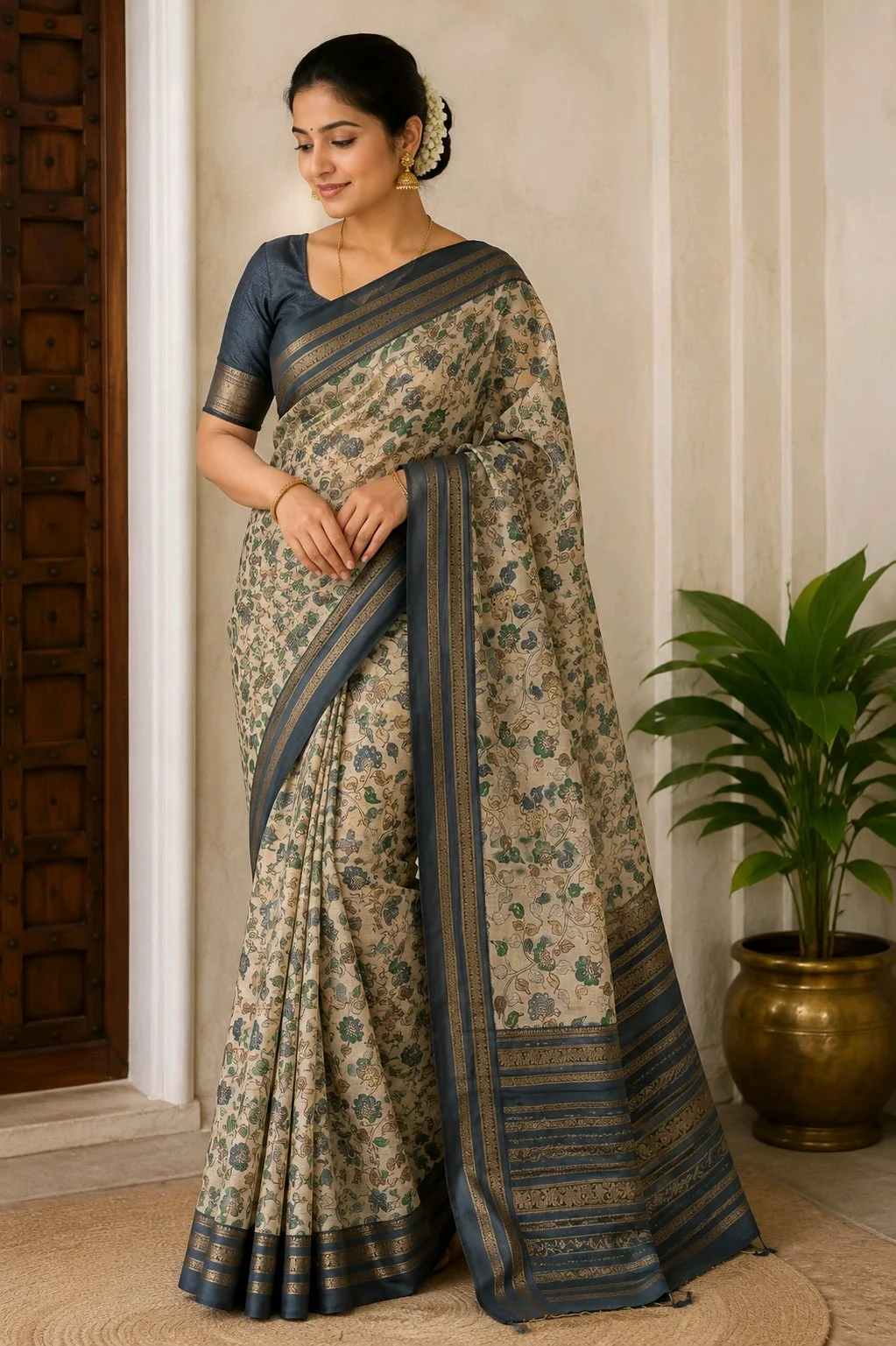 Cream Floral Print Silk Blend Saree with Blue Zari Border thumbnail 1