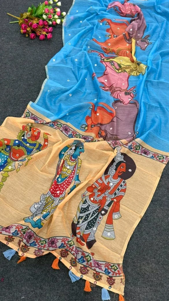 Horse Print Mirror Work Saree with Tassels 5