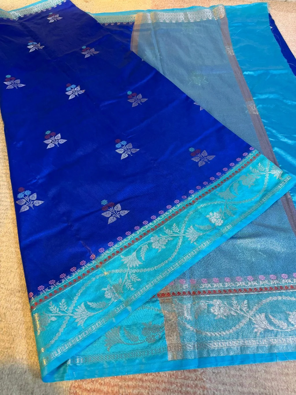 Royal Blue Raw Mango Soft Silk Saree with Sky Blue Zari Border and Silver Motifs thumbnail 1