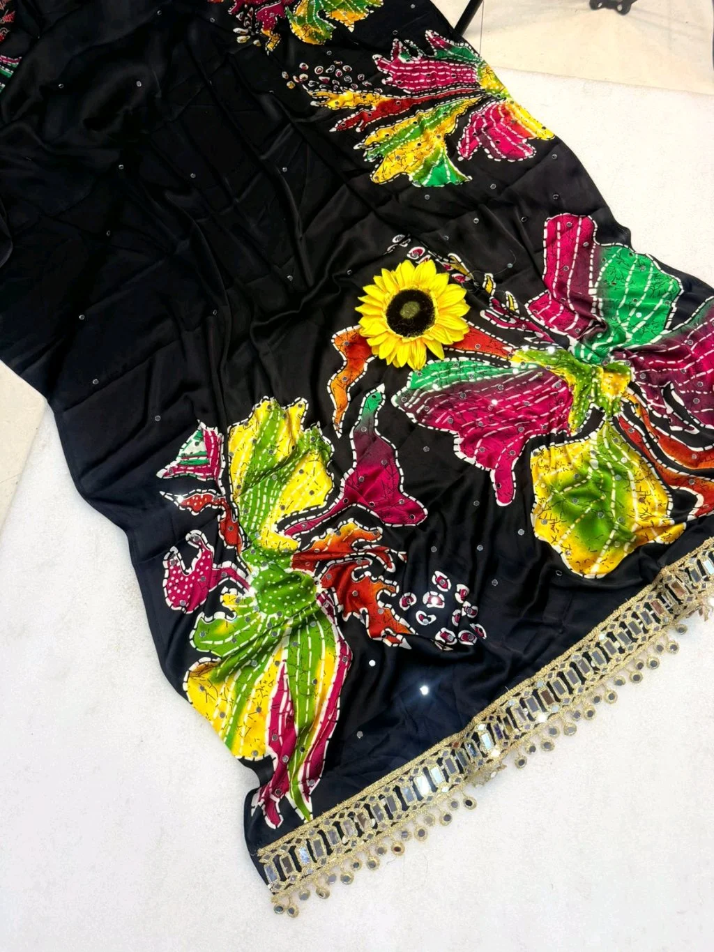 Black Ajrakh  Saree with Colorful Abstract Print and Mirror Work 3
