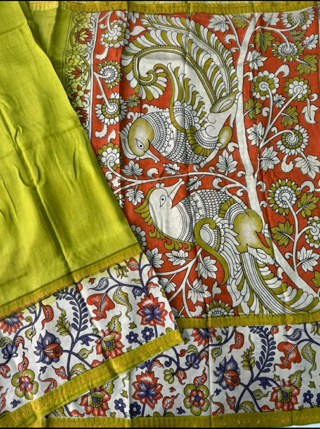 Red Mangalagiri Pattu Saree with Kalamkari Peacock Design thumbnail 6