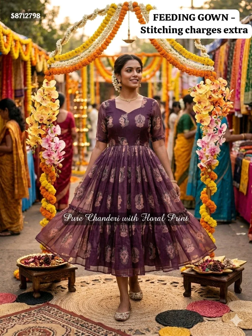 ATB Saree's From the house of CF Saree's Launching Exclusive Chanderi Silk Floral Printed Collection's $8712798New Launching Summer Special Kalamkari Midi Gowns. MATERNITY / FEEDING FROCK OPTION ALSO AVAILABLE.GownGown Fabric : Pure Chanderi Gown Work : Floral PrintedStitchingSize:- M Up to L XL Up to XXL (Fully Stitched) Length : 48" Shoulder : 15 Flair : 3.5 MTR Lining : Micro CottonFeeding Gown Stitching Charges Extra: 150/- Wow Price @1000 Free Ship 100% Orignal Quality We Promise PQR Price Quality and Range Single and Multiples Available Note - colors may vary slightly due to photography and display strictly no exchange or return for color variations unpacking video must for any sort of complaint. 1