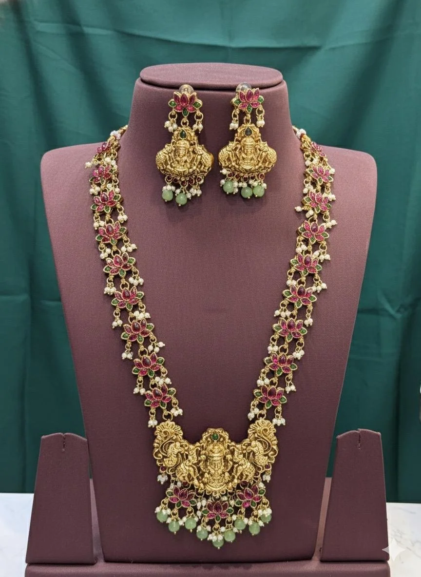 Gold Plated Temple Design Necklace Set with Earrings