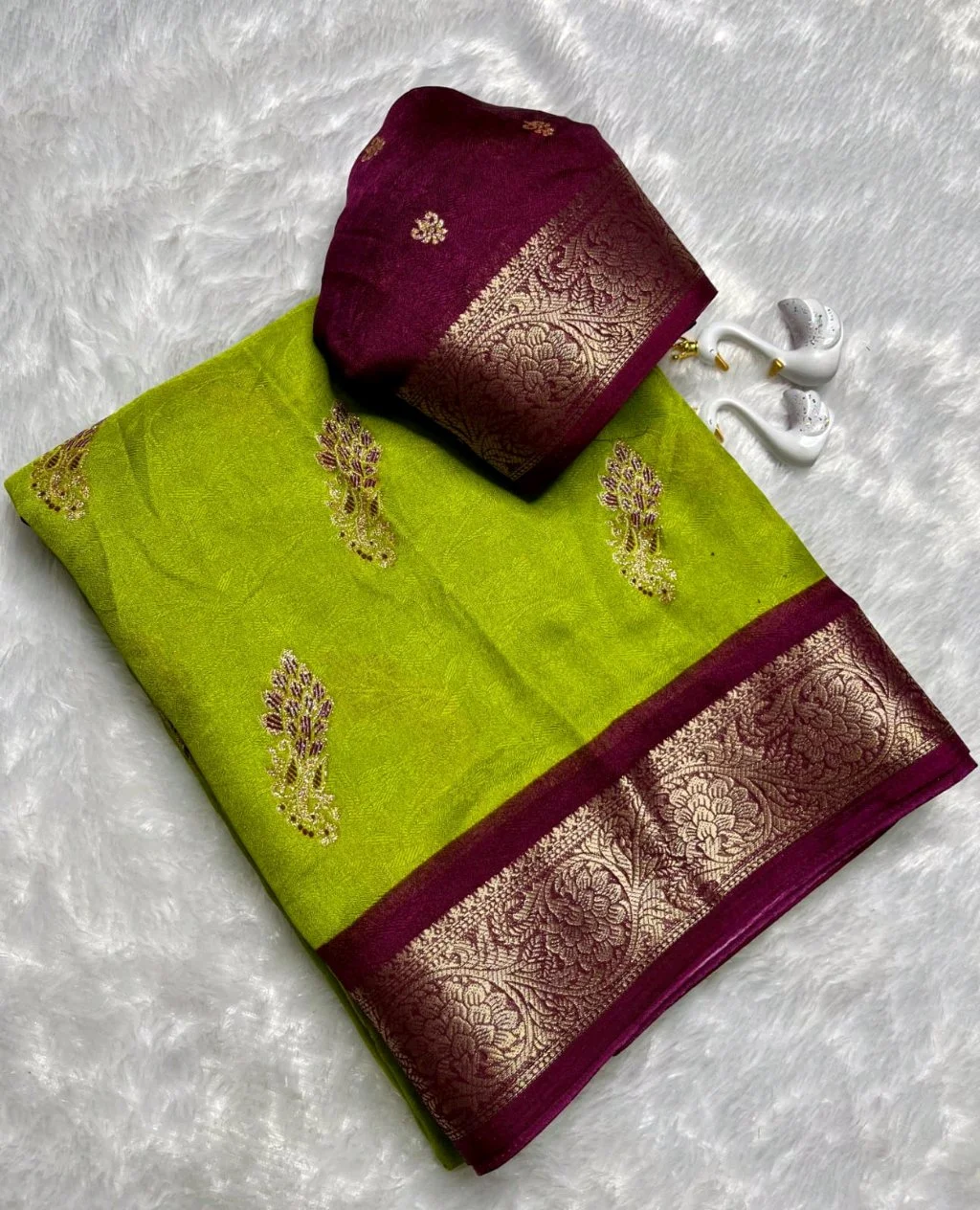 Lime Green Saree with Maroon Zari Border and Blouse