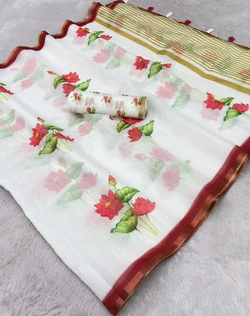 Linen Blend Printed Sarees thumbnail 4