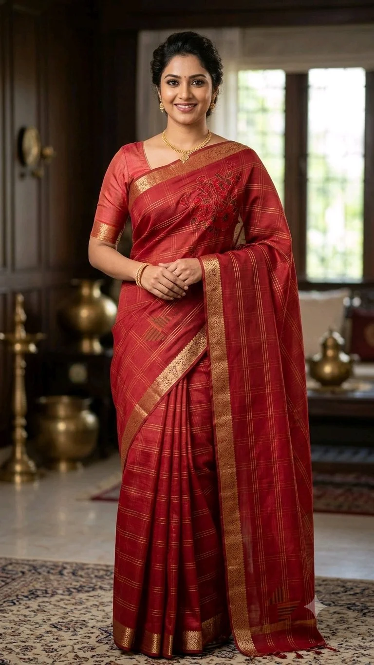 Red Silk Blend Saree with Gold Checkered Pattern thumbnail 1