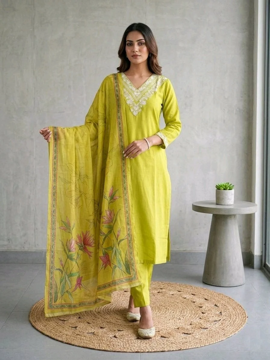 3-piece Kurta Set with Floral Dupatta thumbnail 1