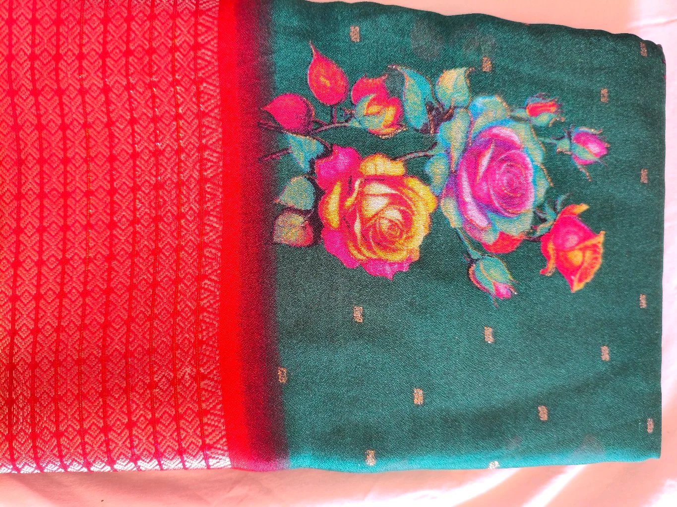 Green Floral Print Saree with Red Woven Border