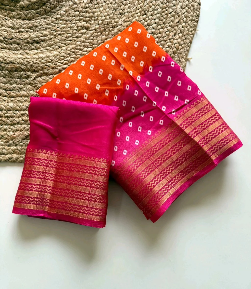 Orange and Pink Bandhani Silk Saree with Zari Border thumbnail 1