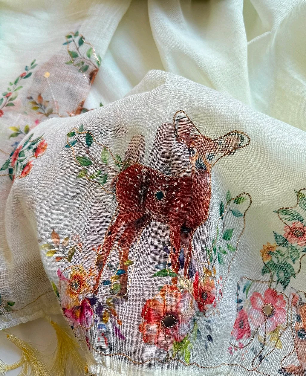 Off-White Cotton Linen Saree with Fawn and Floral Digital Print thumbnail 5