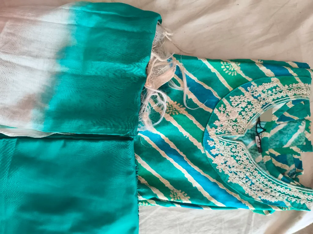Teal Green Striped Rayon Kurta Set with Ombre Dupatta