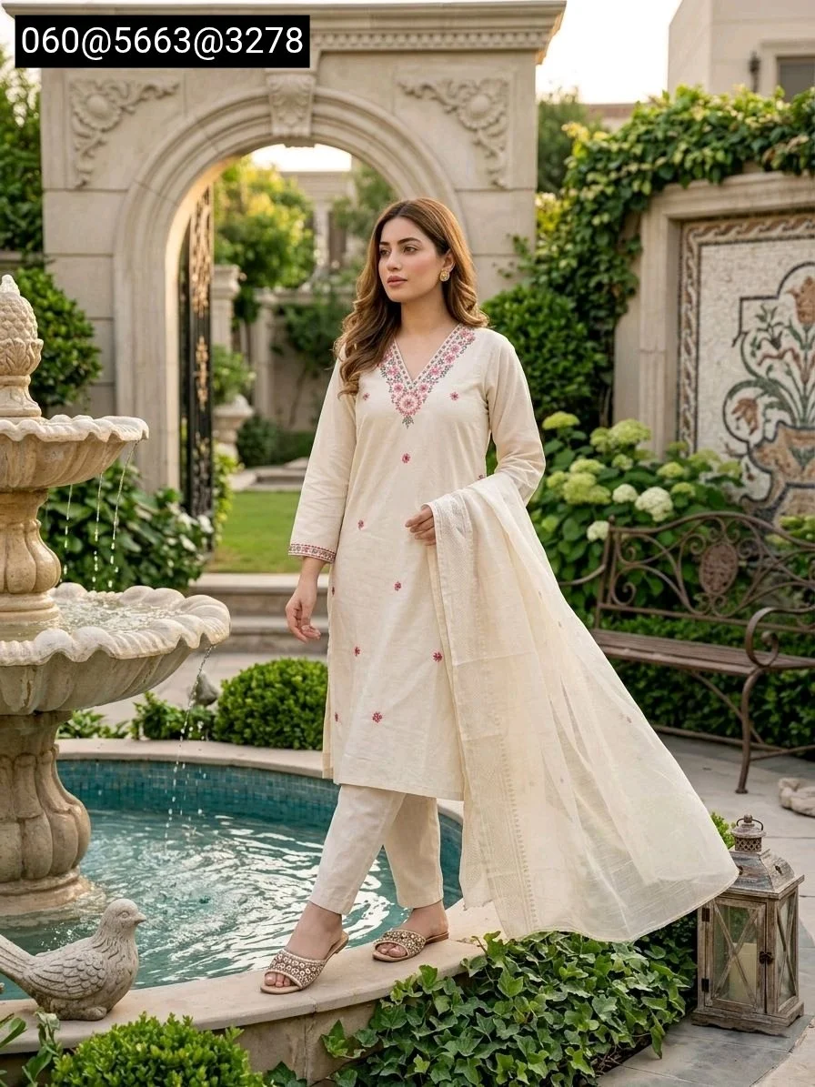 White Khadi  Cotton Embroidered Kurta Set with Pink Floral Motifs 5