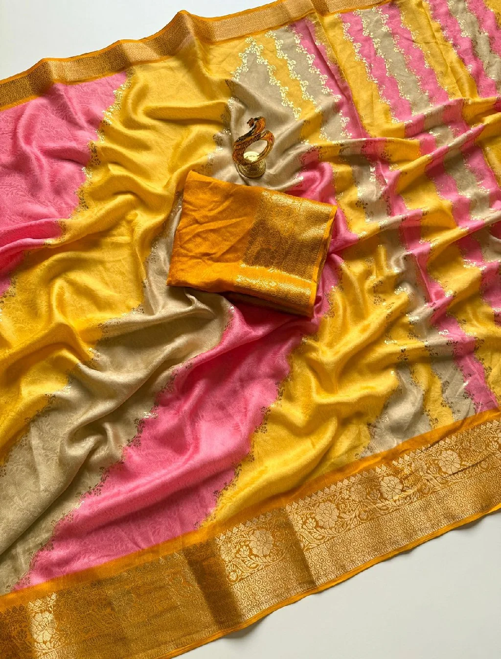 Pink Yellow and Gold Striped Saree with Zari Border SOFT self JACQUARD MARSHMELLOW Saree thumbnail 1