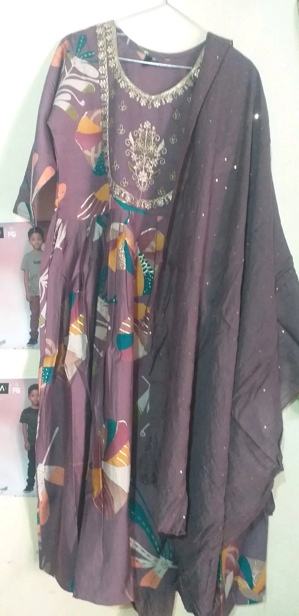 Purple Printed Kurta with Embroidered Neckline and Sequin Dupatta 2