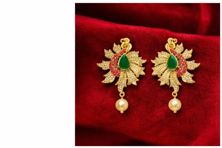 Gold Toned Peacock Design Necklace Set with Earrings 2