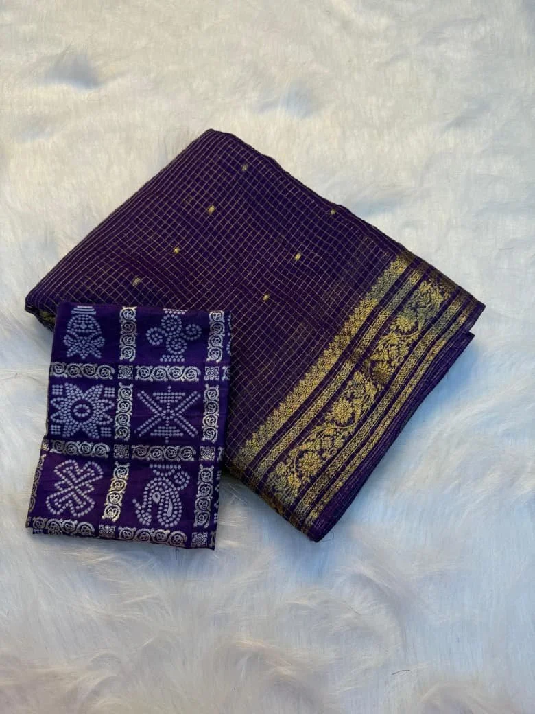 Purple Viscose Georgette Saree with Chex Weave and Block Print Blouse Piece 4