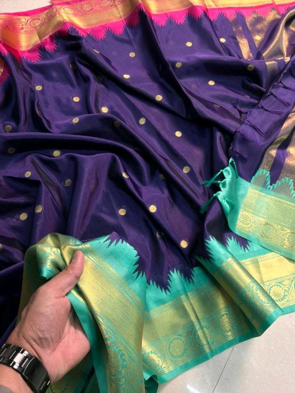 Katan Silk Purple Saree with Gold Zari Buttas and Dual Borders thumbnail 4