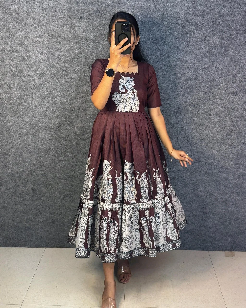 Maroon Kalamkari Print Flared Midi Dress thumbnail 4