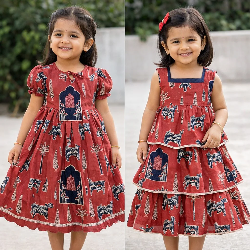 Red Block Print Cotton Frocks for Girls