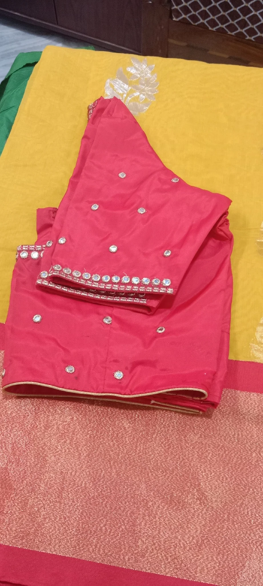 Red Mirror Work Embroidered Blouse Piece