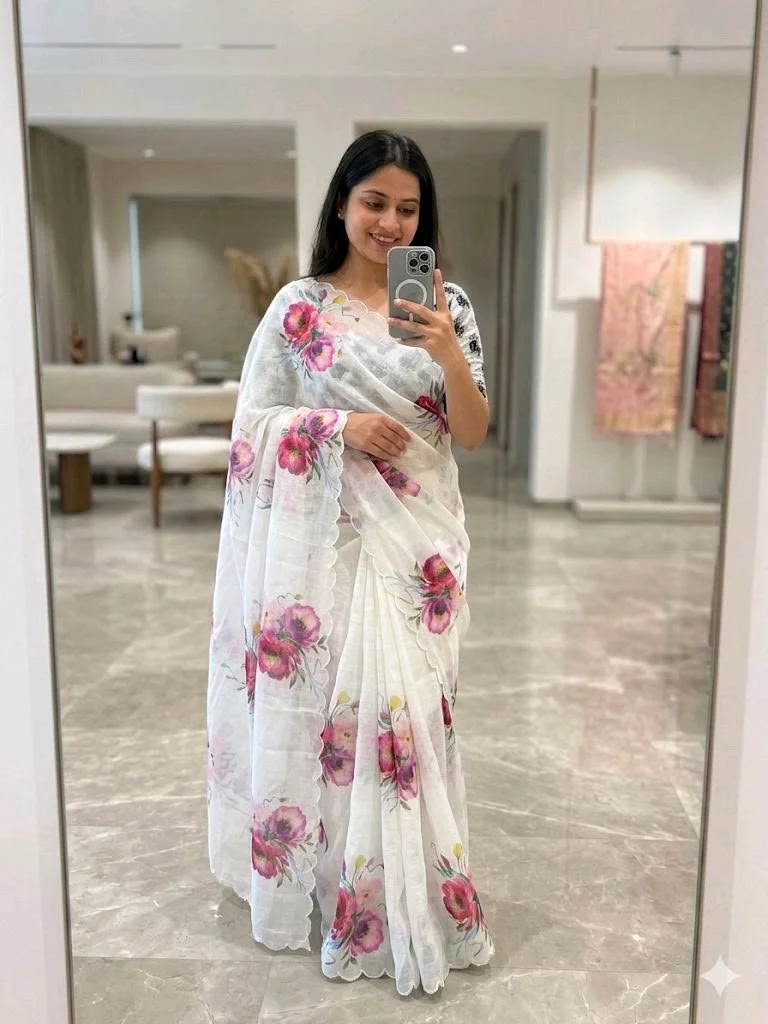 White Floral Print Saree with Scalloped Border 3