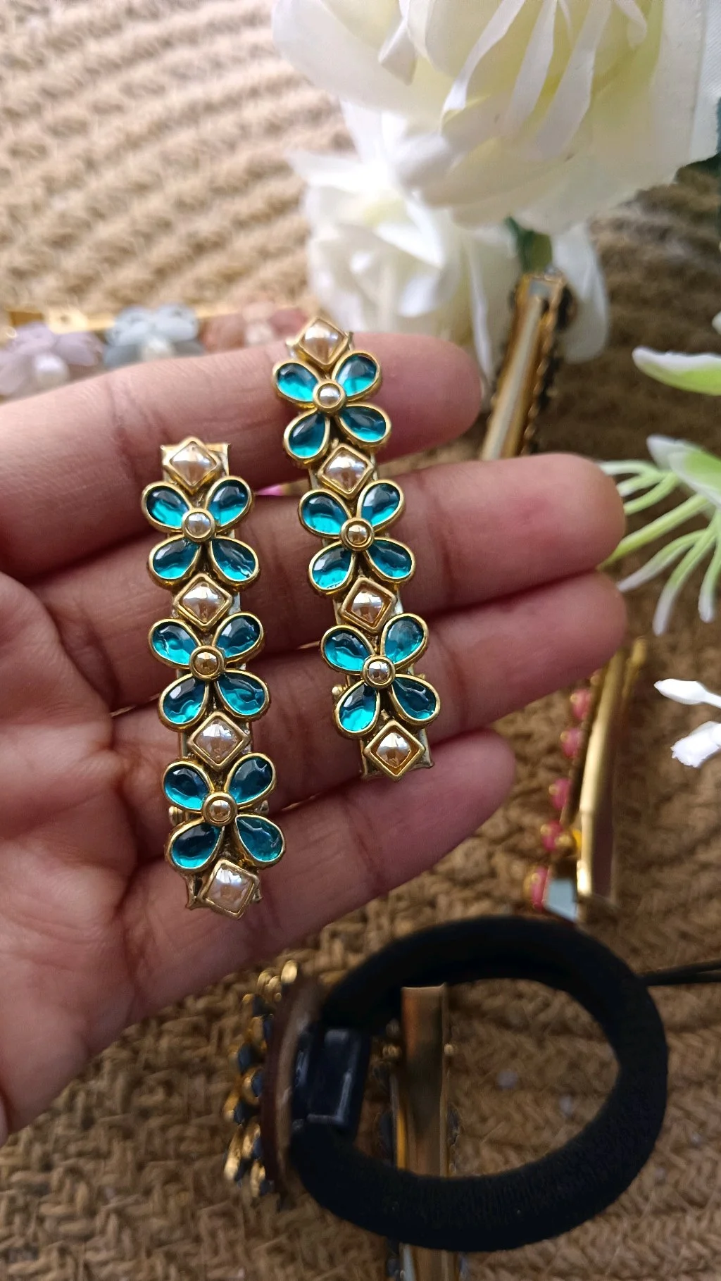 Gold Tone Blue Enamel Floral Alligator Hair Clips