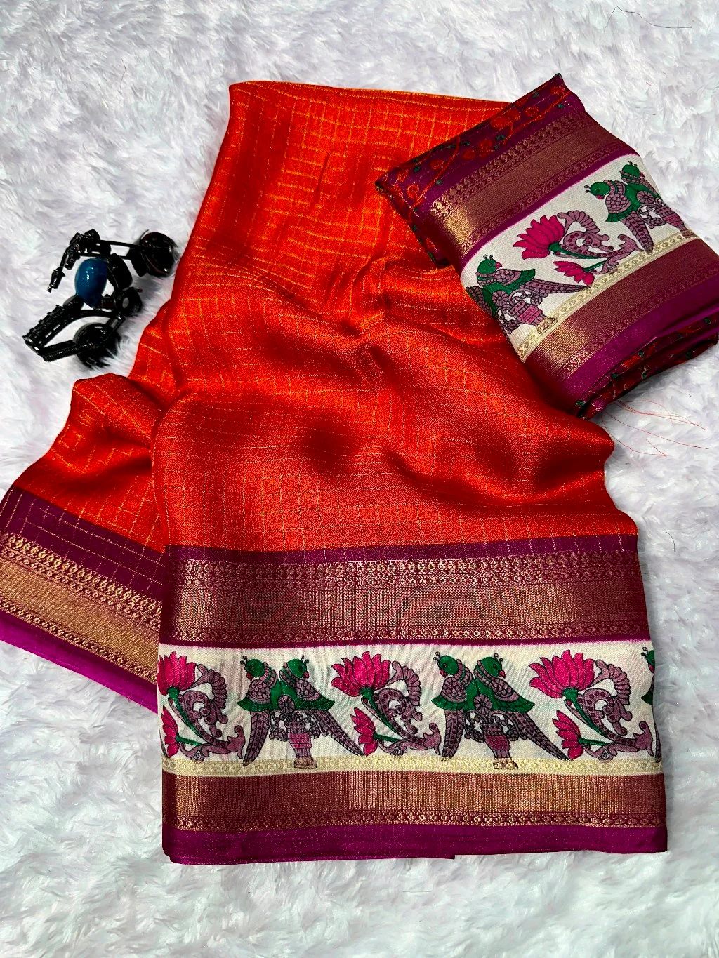 Mysore Silk Saree with Peacock and Lotus Border thumbnail 2