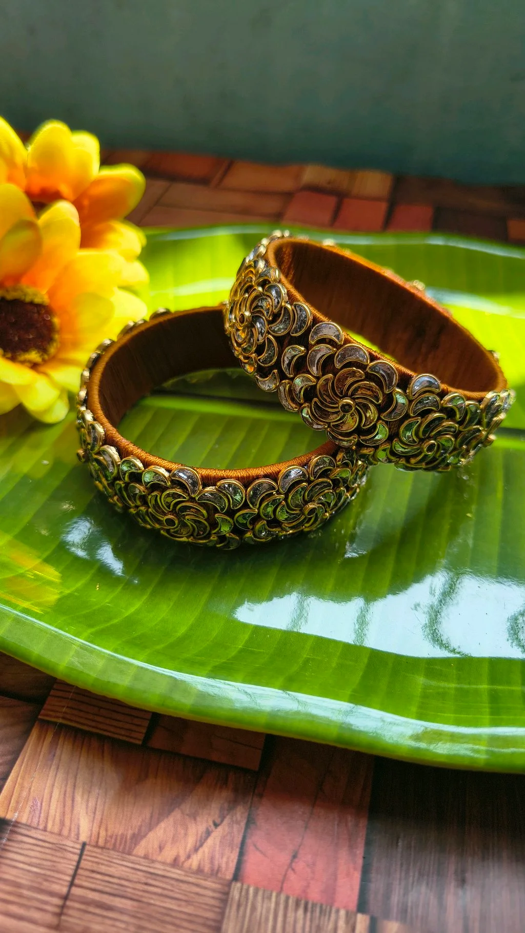 Gold Toned Floral Kundan Bangles 3