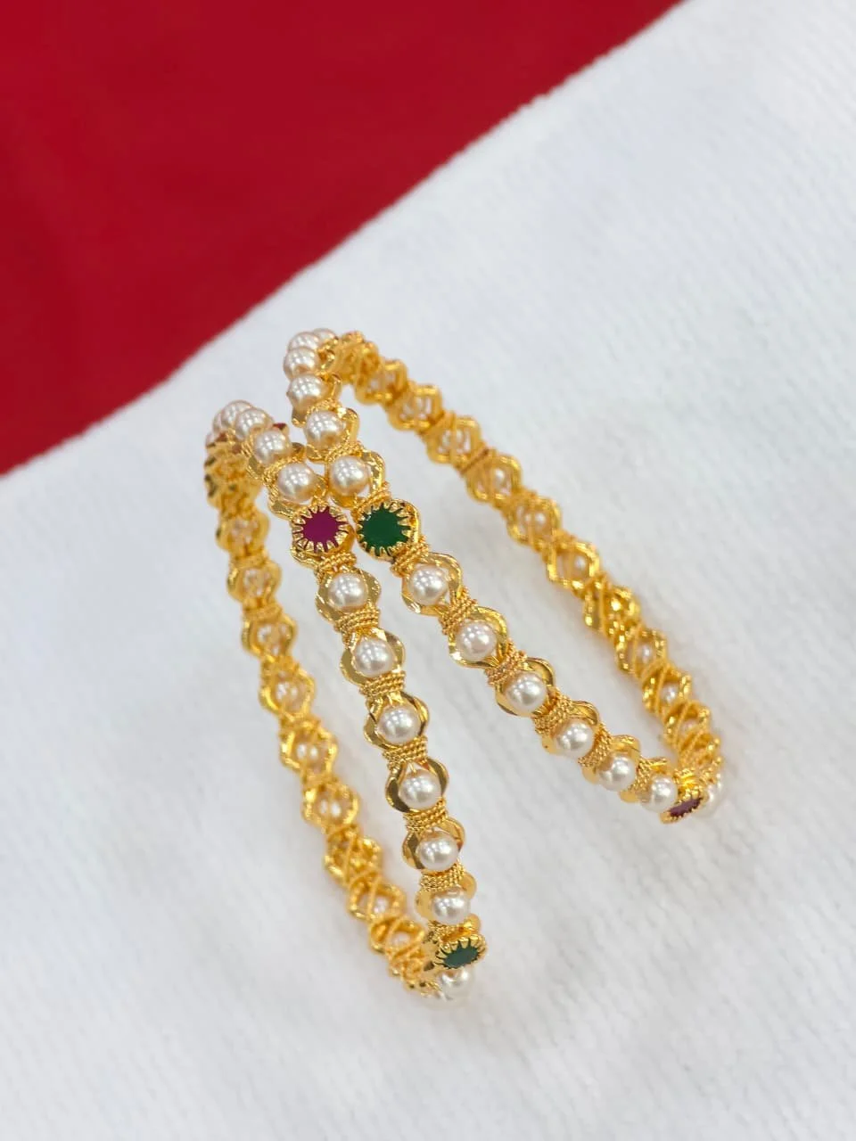 Gold Plated White  Bead Bangles - Variant 3