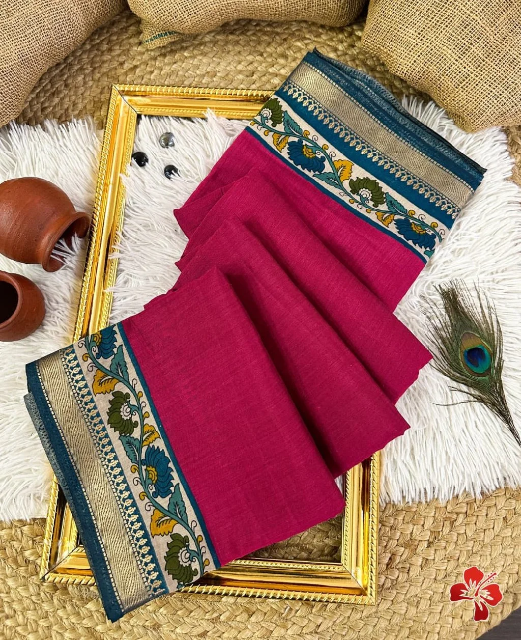 Pink Cotton Saree with Kalamkari Floral Border