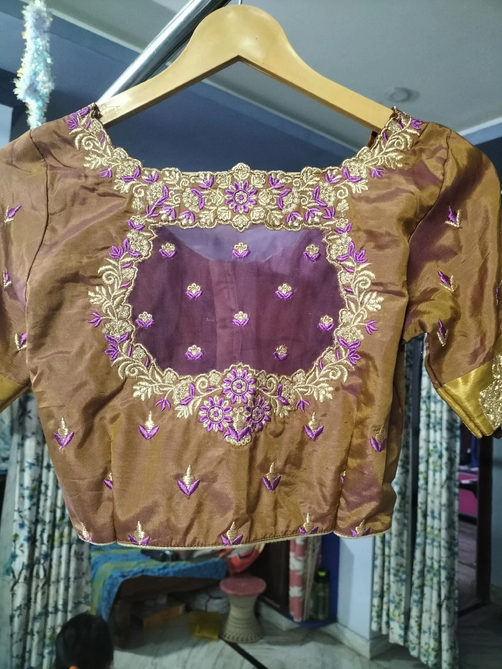 Bronze Embroidered Blouse with Purple and Gold Work