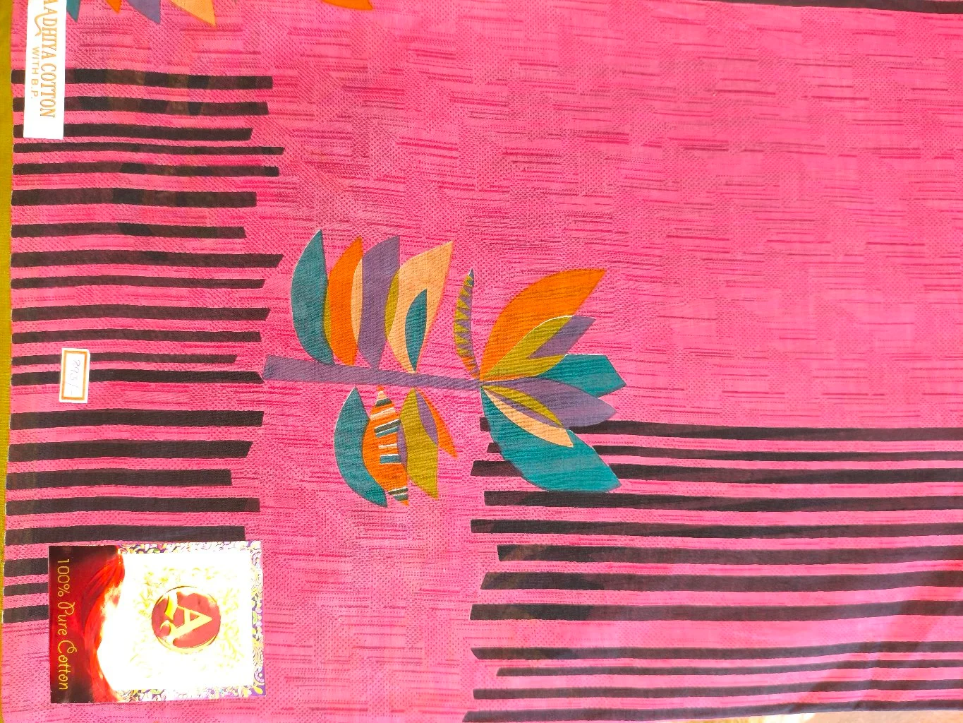 A.ADHIVA COTTON Pink Abstract Floral Saree with Teal Blouse thumbnail 2