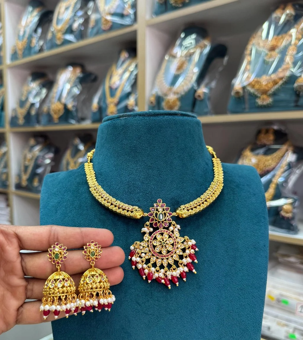 Gold Toned Temple Jewelry Necklace Set with Jhumka Earrings thumbnail 2