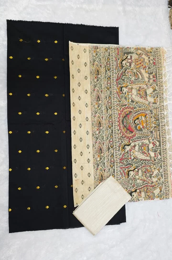 Olive Green and Cream Kalamkari Print Unstitched Dress Material thumbnail 4