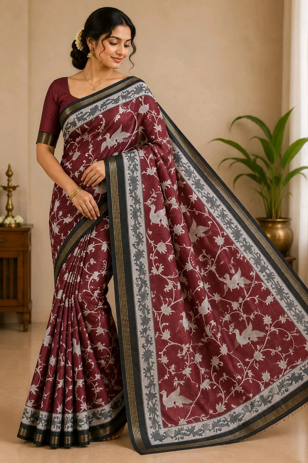 Maheshwari Silk Maroon Floral Print Saree with Grey Border thumbnail 1