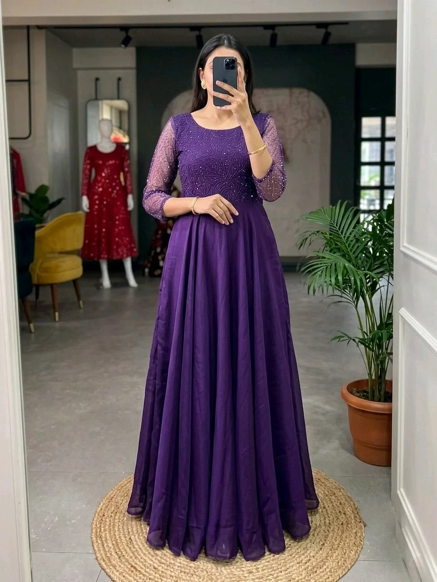 Embroidered Anarkali Gown with Sheer Sleeves thumbnail 5